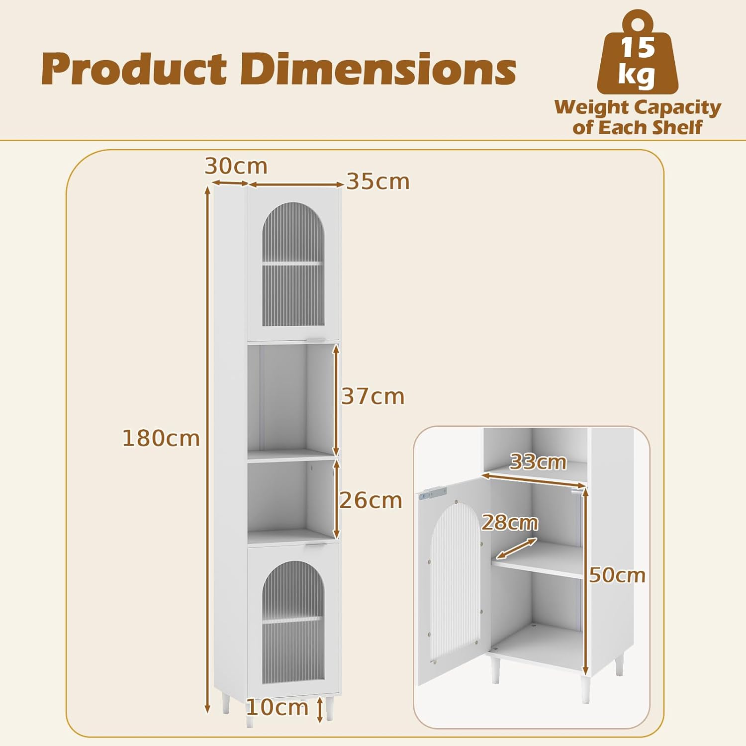 Tall Slim Storage Cabinet White Glass Door Shelves Unit