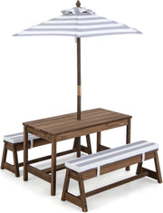 Kids Wooden Picnic Table Bench Set w/Umbrella Cushions