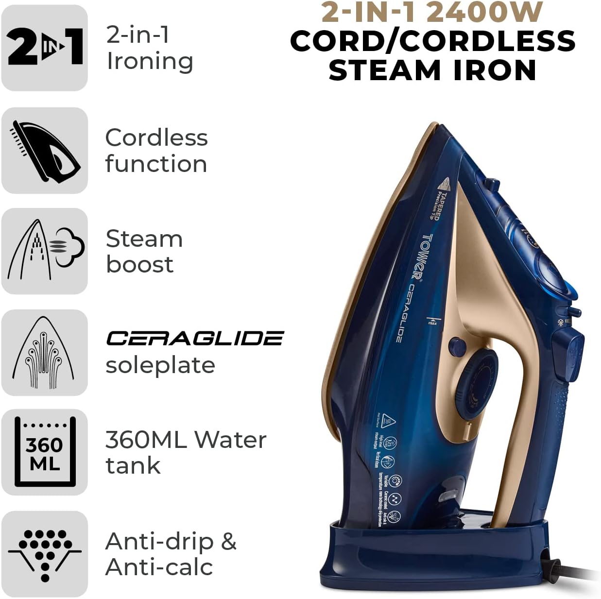Cordless Steam Iron 2400W Ceramic Soleplate Variable Steam Auto Reheat
