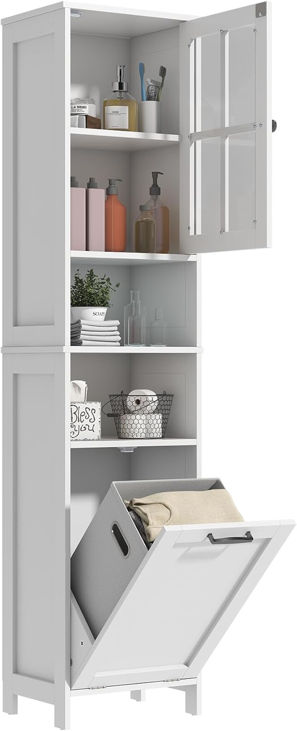 Tall Bathroom Cabinet White Laundry Basket Shelf Unit
