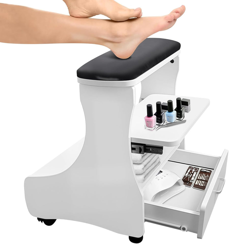Mobile Pedicure Foot Rest Trolley PU Leather Nail Stool Storage