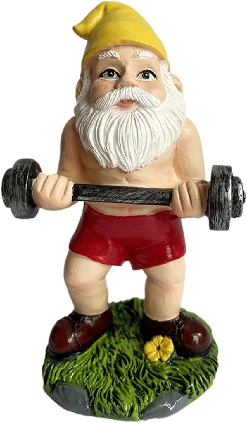 Funny Workout Garden Gnome Statues Resin Gym Decor Barbell Set