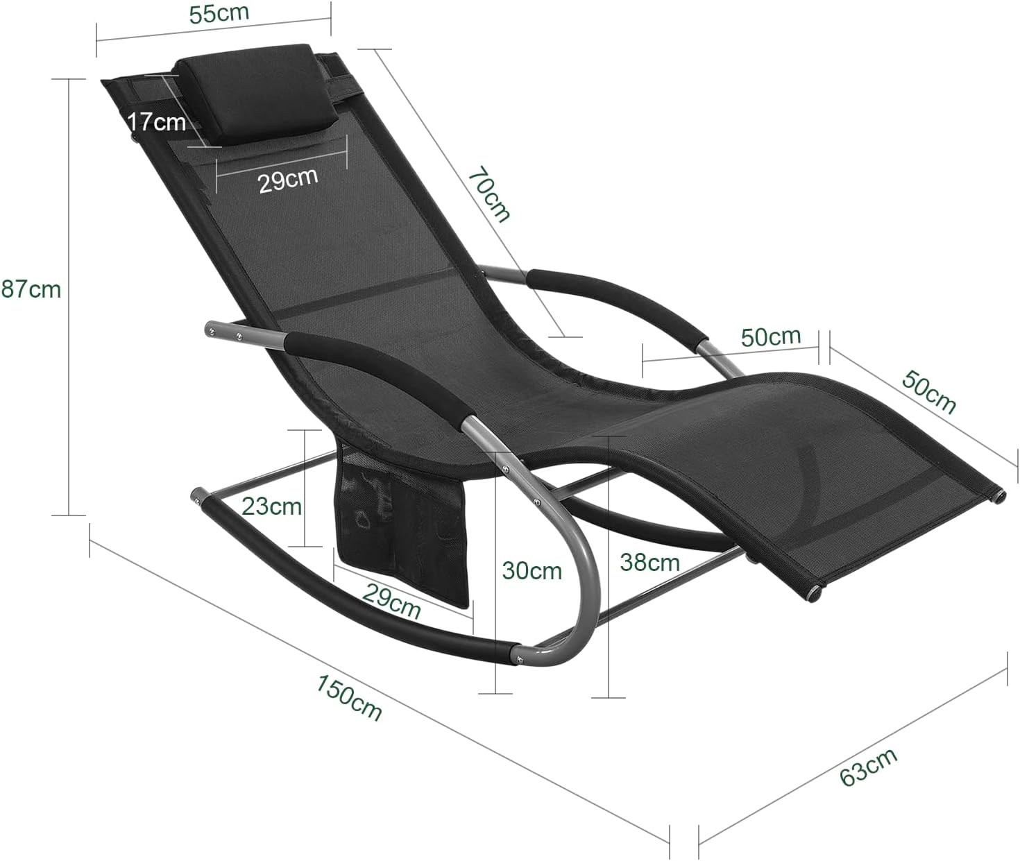 Outdoor Rocking Recliner Chair with Pillow Pocket Black