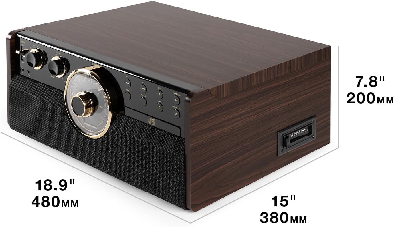 6 in 1 Wood Record Player Bluetooth CD Cassette Walnut