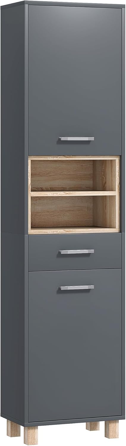 Tall Bathroom Storage Cabinet Grey Freestanding Shelves Drawer Unit