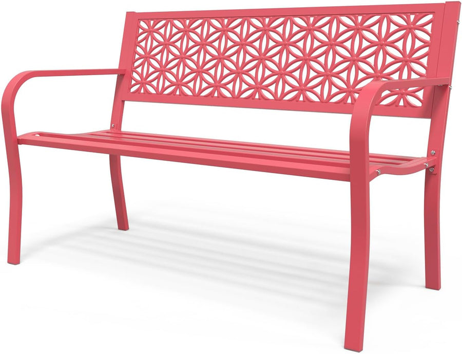 Metal Garden Bench 2-3 Seater Floral Back Outdoor Patio Seat Pink