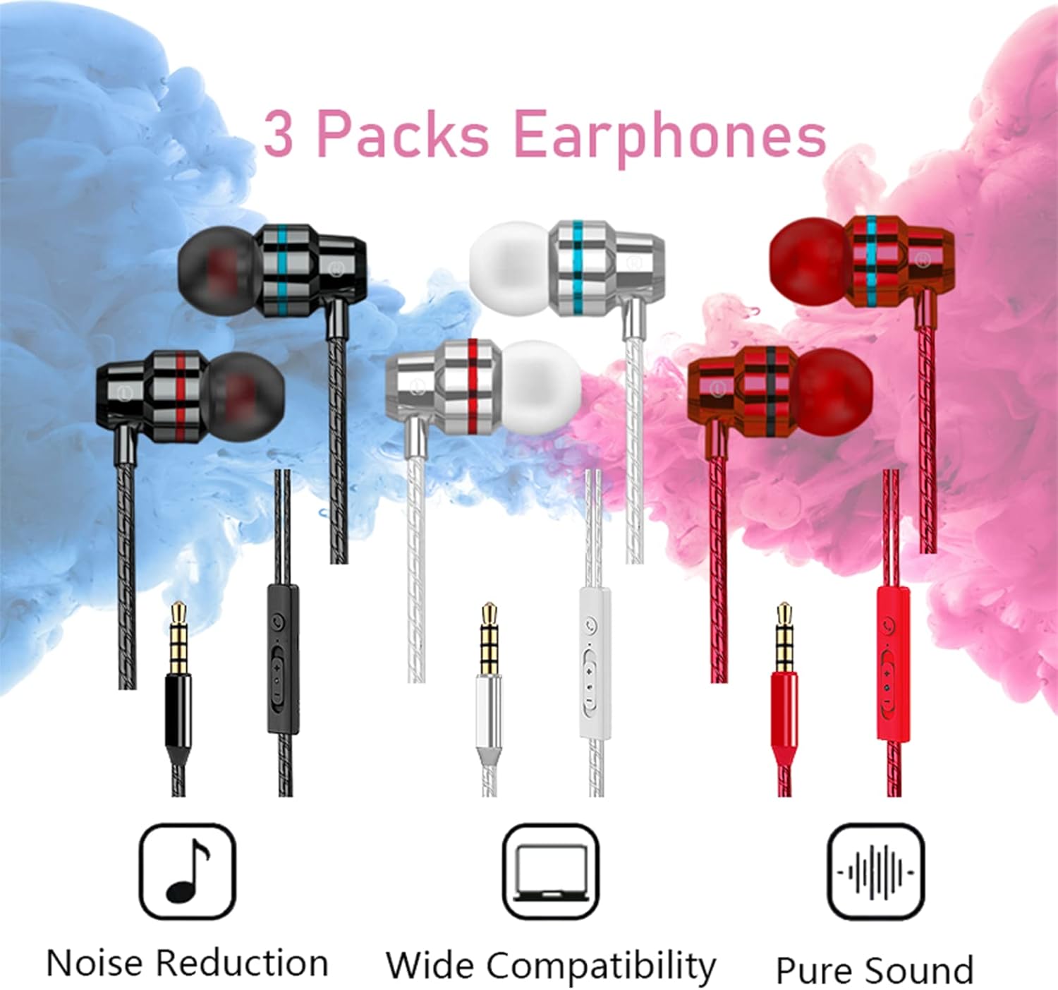 3 Pack Wired In Ear Earphones With Mic Volume Control 3.5mm