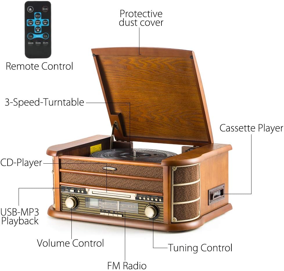 Retro 8 in 1 Music Centre Record Player Brown