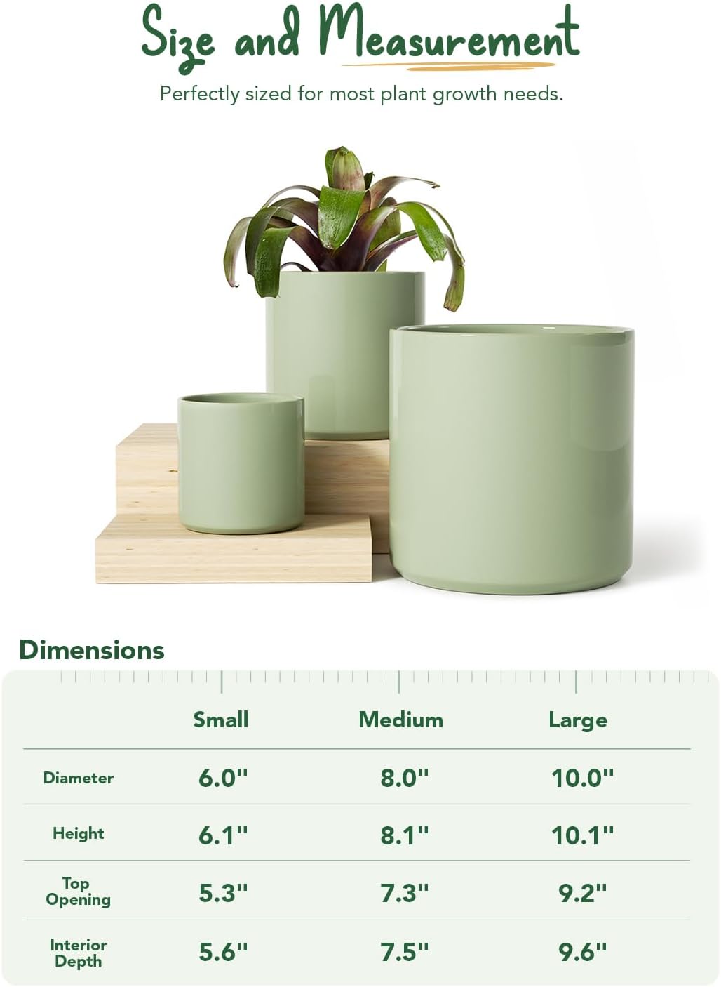 Ceramic Plant Pots Set 3 Sage Green Indoor Planters Drainage