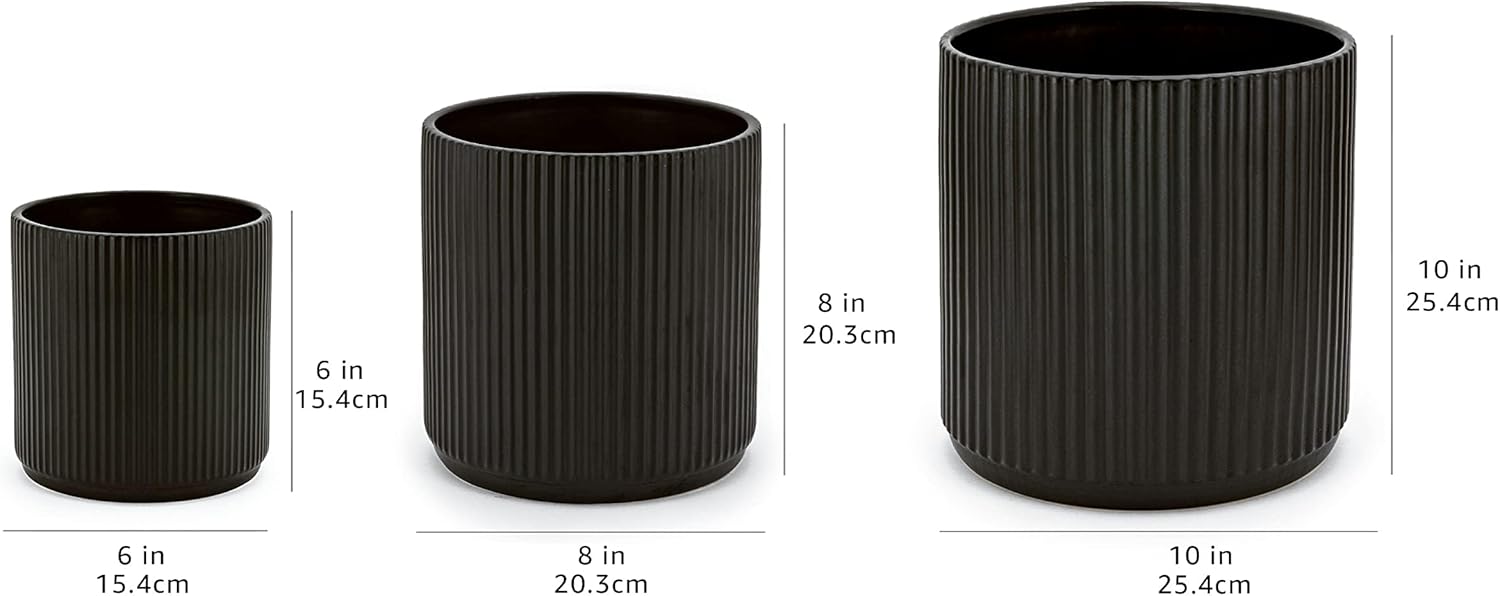 Ceramic Plant Pots Set of 3 Black Fluted Planters 15 20 25cm
