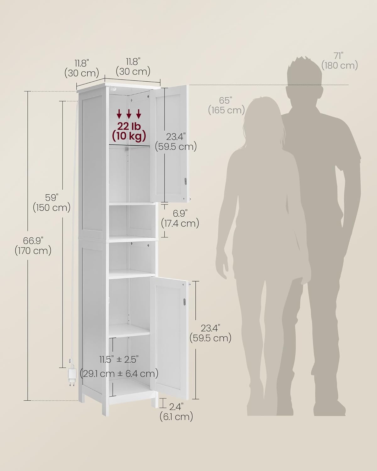 Tall Bathroom Cabinet with LED Lights Slim Storage White 170cm