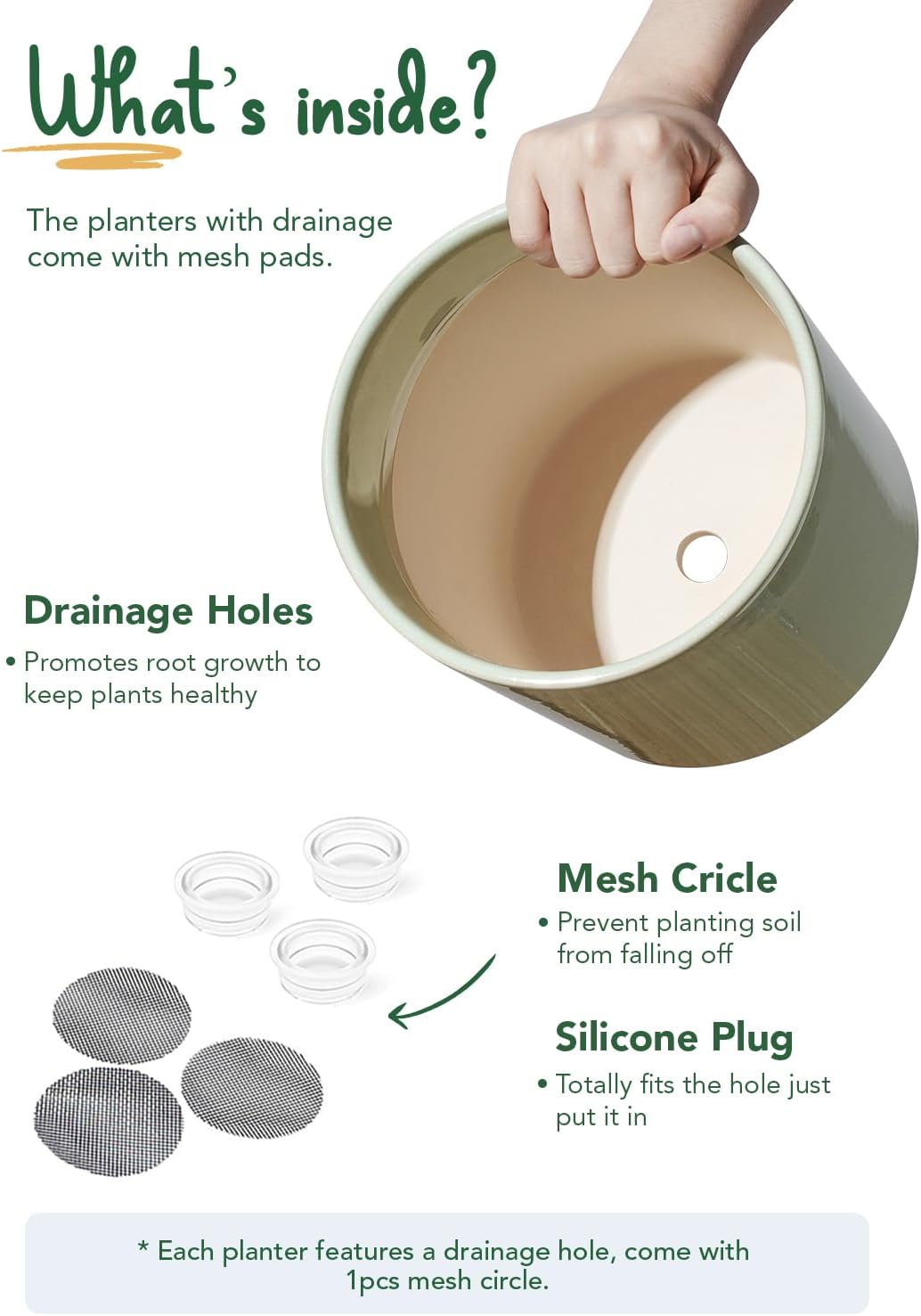 Ceramic Plant Pots Set 3 Sage Green Indoor Planters Drainage