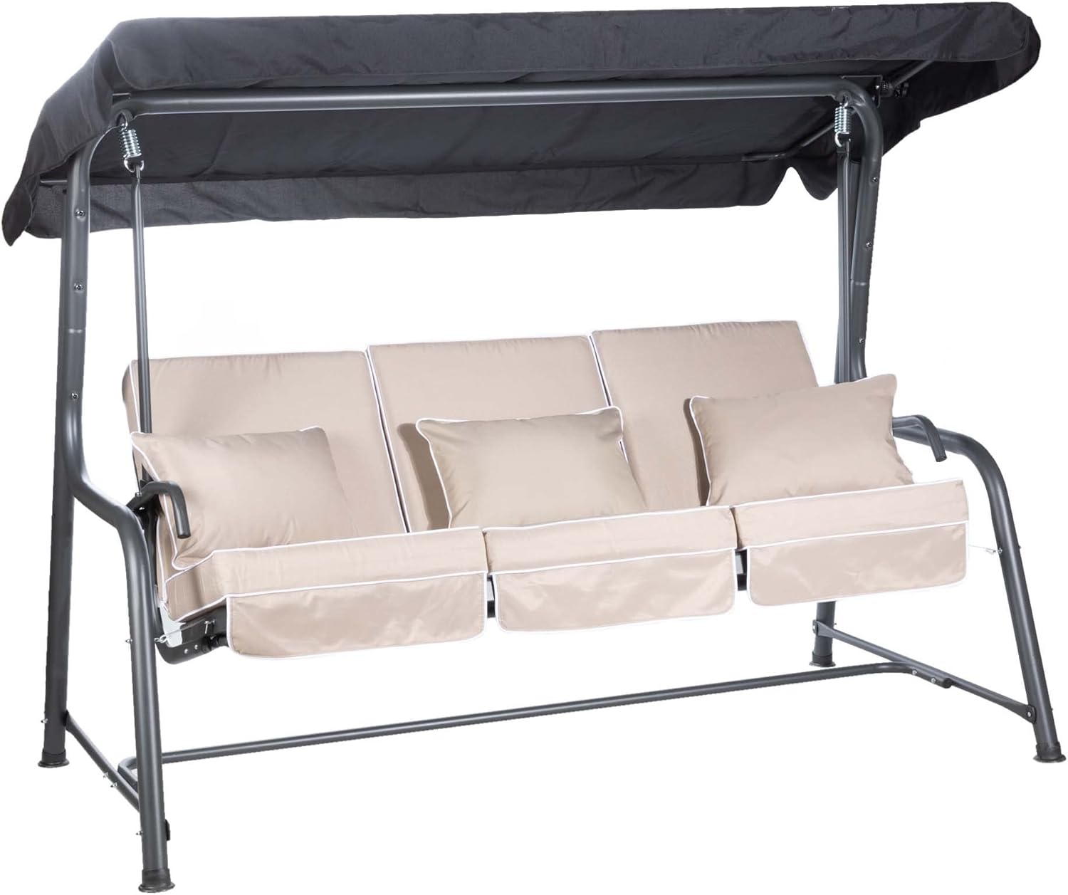 3 Seater Reclining Garden Swing Bed Taupe Canopy Cushions