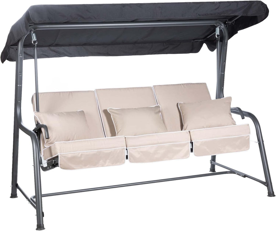 3 Seater Reclining Garden Swing Bed Taupe Canopy Cushions