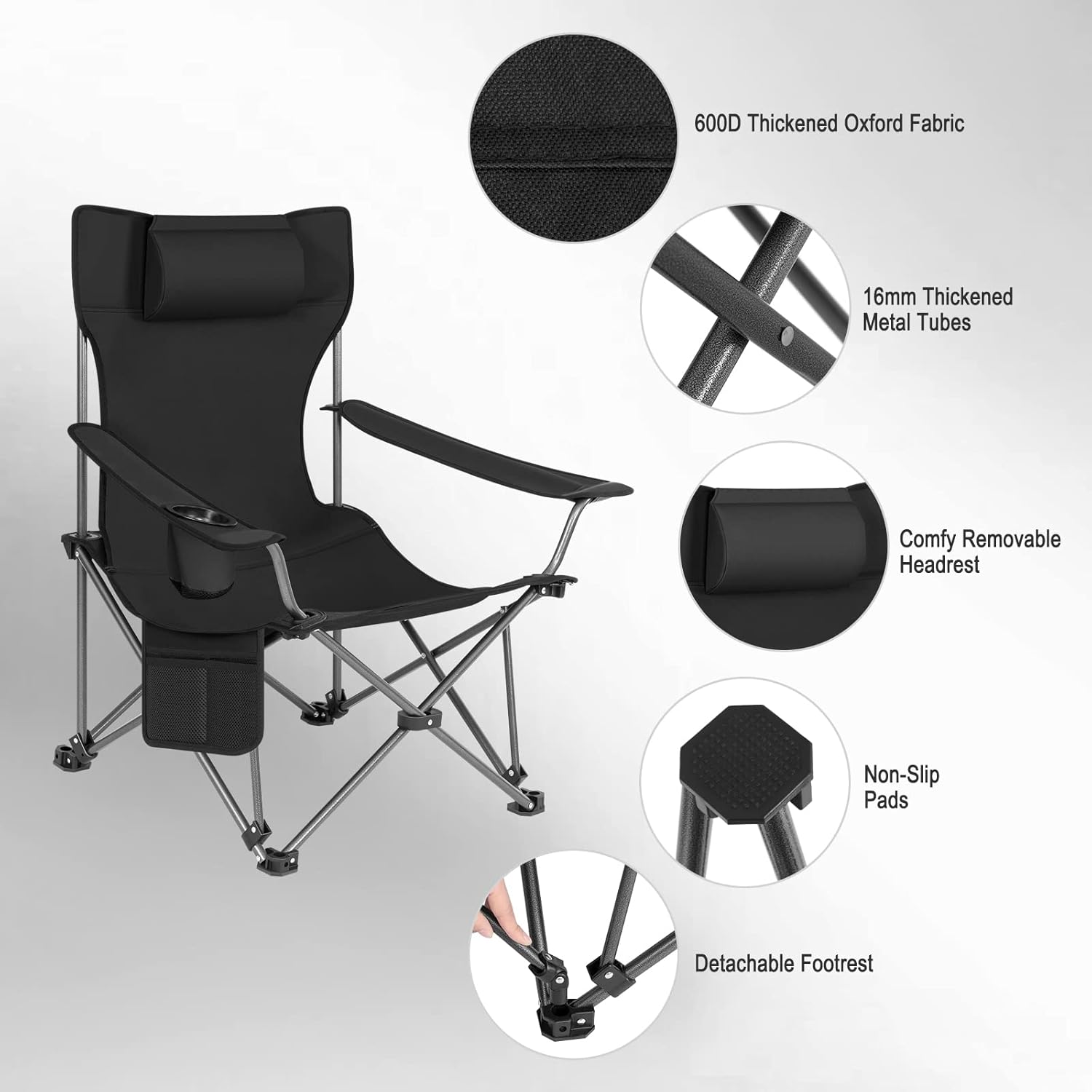 Reclining Camping Chair with Footrest Folding Seat Black
