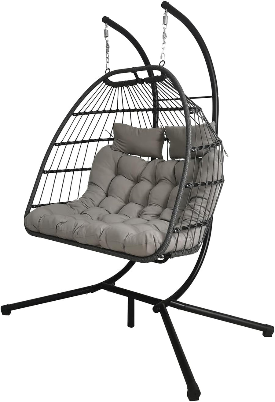 Double Egg Chair Swing Light Grey Rattan Stand Cushions