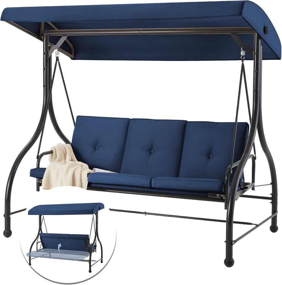 Blue 3 Seater Garden Swing Chair Convertible Bed