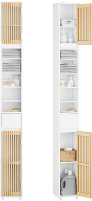 Slim Tall Bathroom Cabinet Bamboo Doors White 20cm 180cm