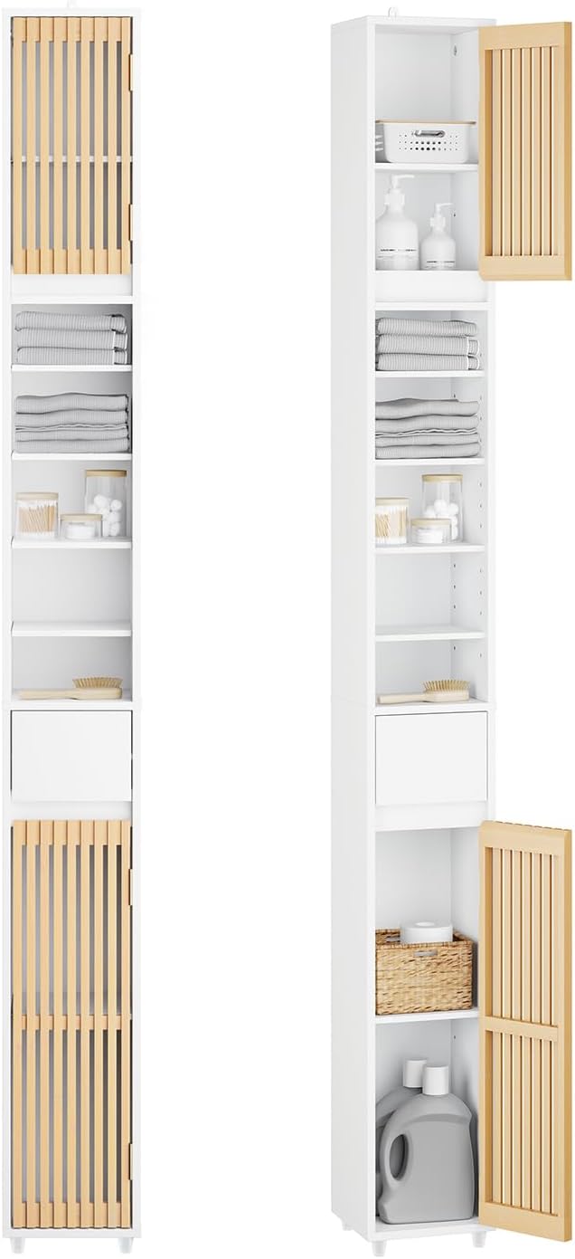 Slim Tall Bathroom Cabinet Bamboo Doors White 20cm 180cm