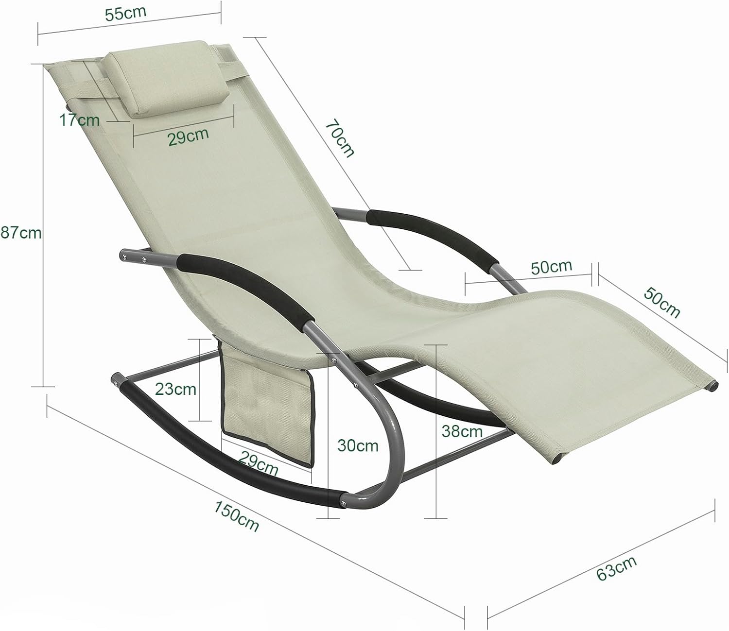 Outdoor Rocking Recliner Chair with Pillow Pocket Beige