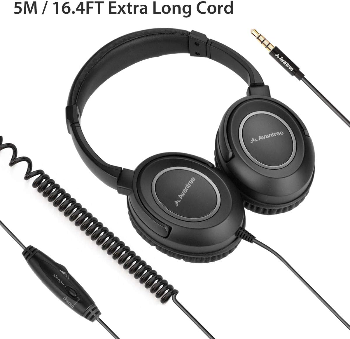 Wired TV Headphones Long Coiled Cable 16.4FT Over Ear Volume Control