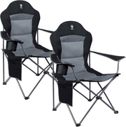 Set of 2 Oversized Camping Chairs High Back Cup Holder Black