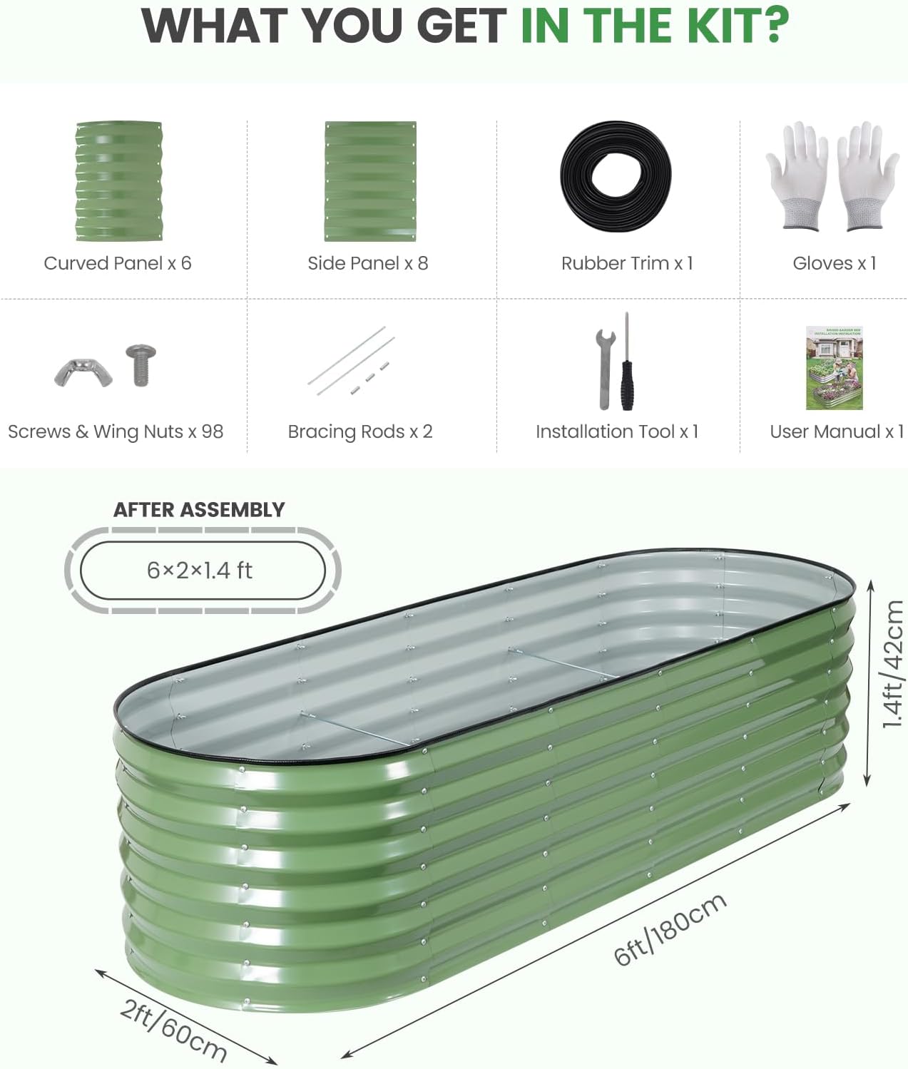Set of 2 Large Olive Green Metal Planter Beds 180x60cm