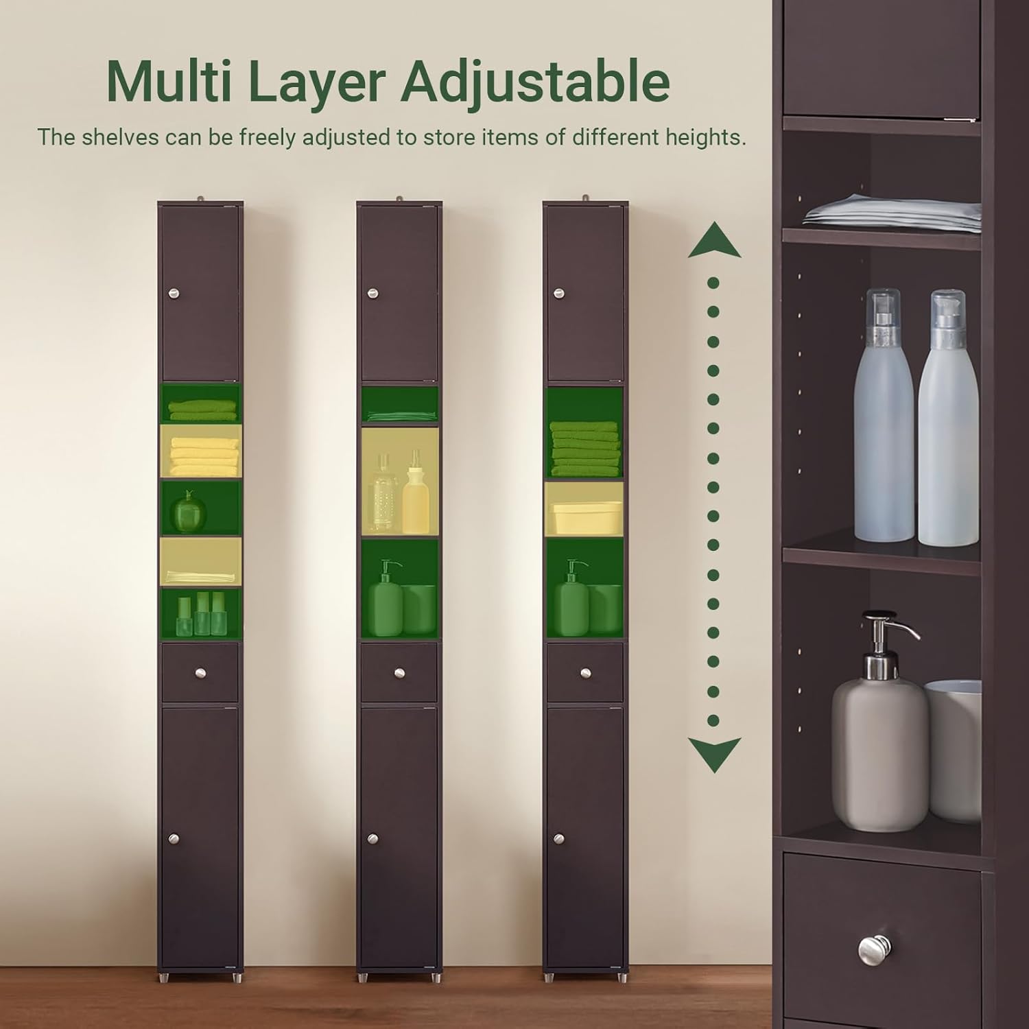 Slim Tall Bathroom Cabinet Brown Drawer Shelves 180cm 20cm