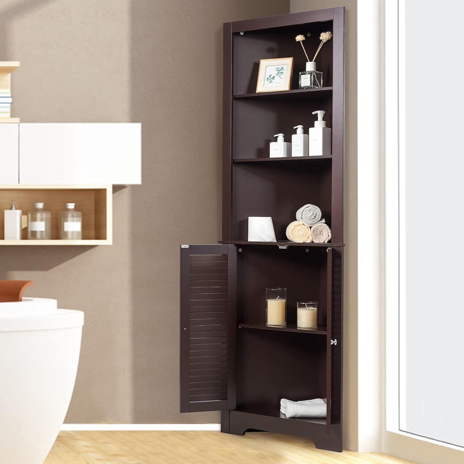 Corner Bathroom Tall Cabinet Triangle Shelf Unit Espresso