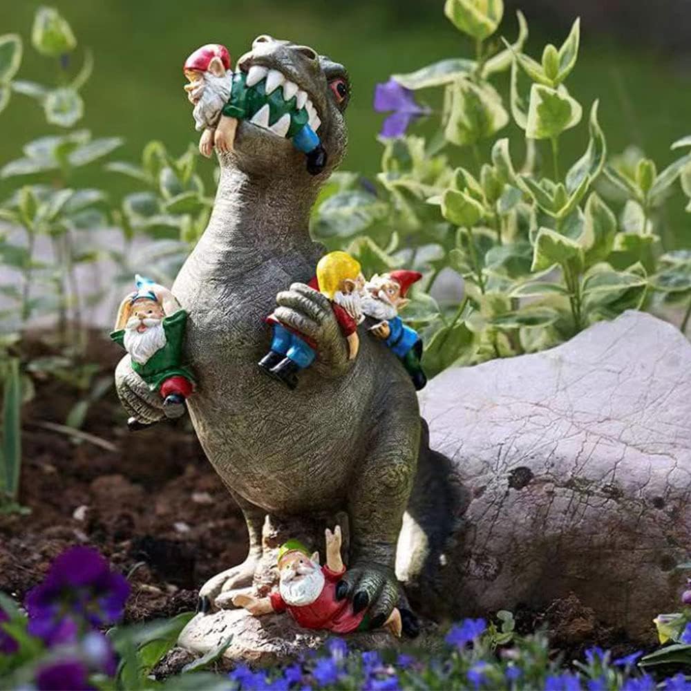 Funny Dinosaur Eating Gnomes Statue Resin Garden Decor Outdoor