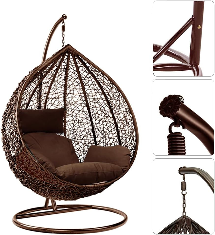 Brown Rattan Egg Swing Chair with Stand Cushion