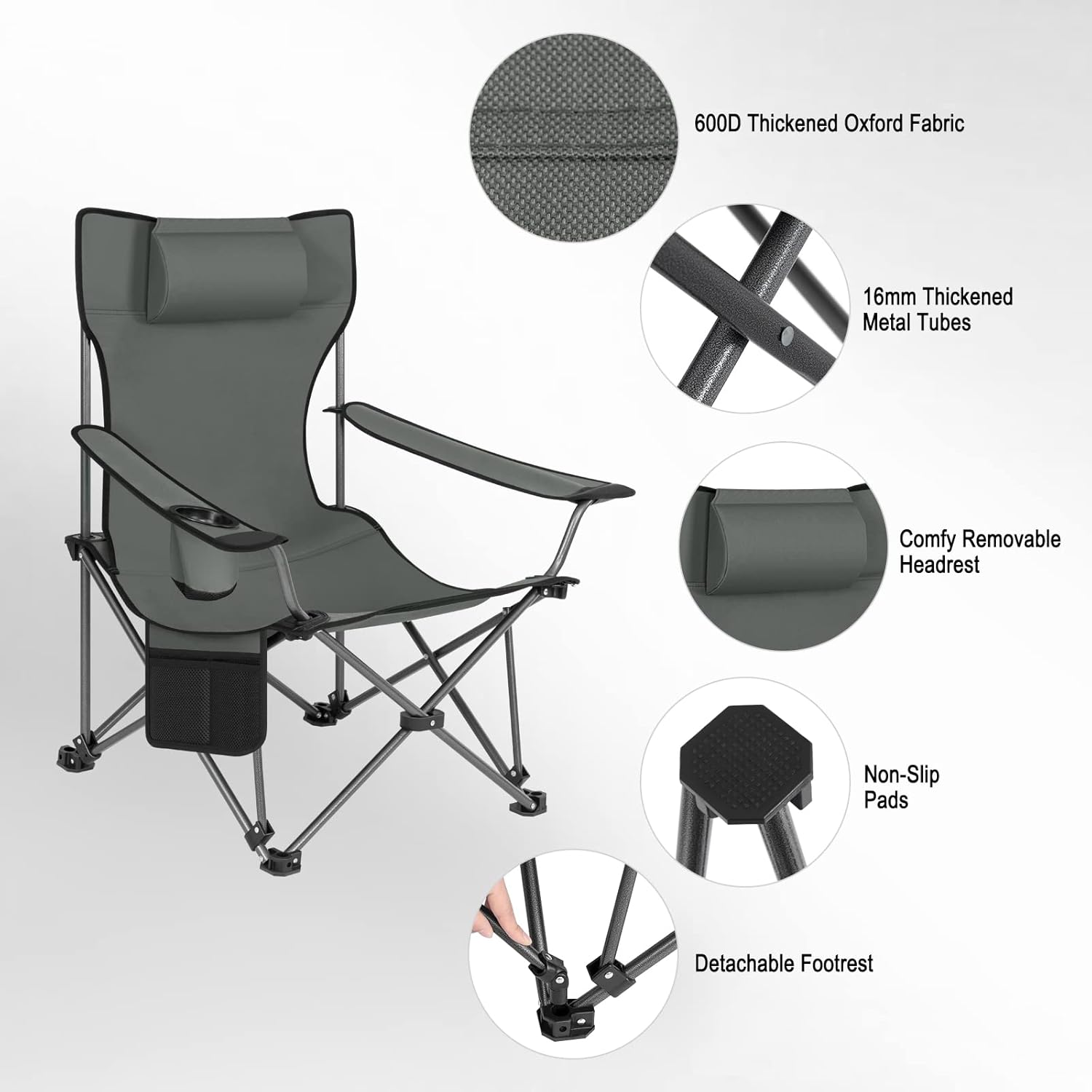 Reclining Camping Chair Folding Seat with Footrest Headrest