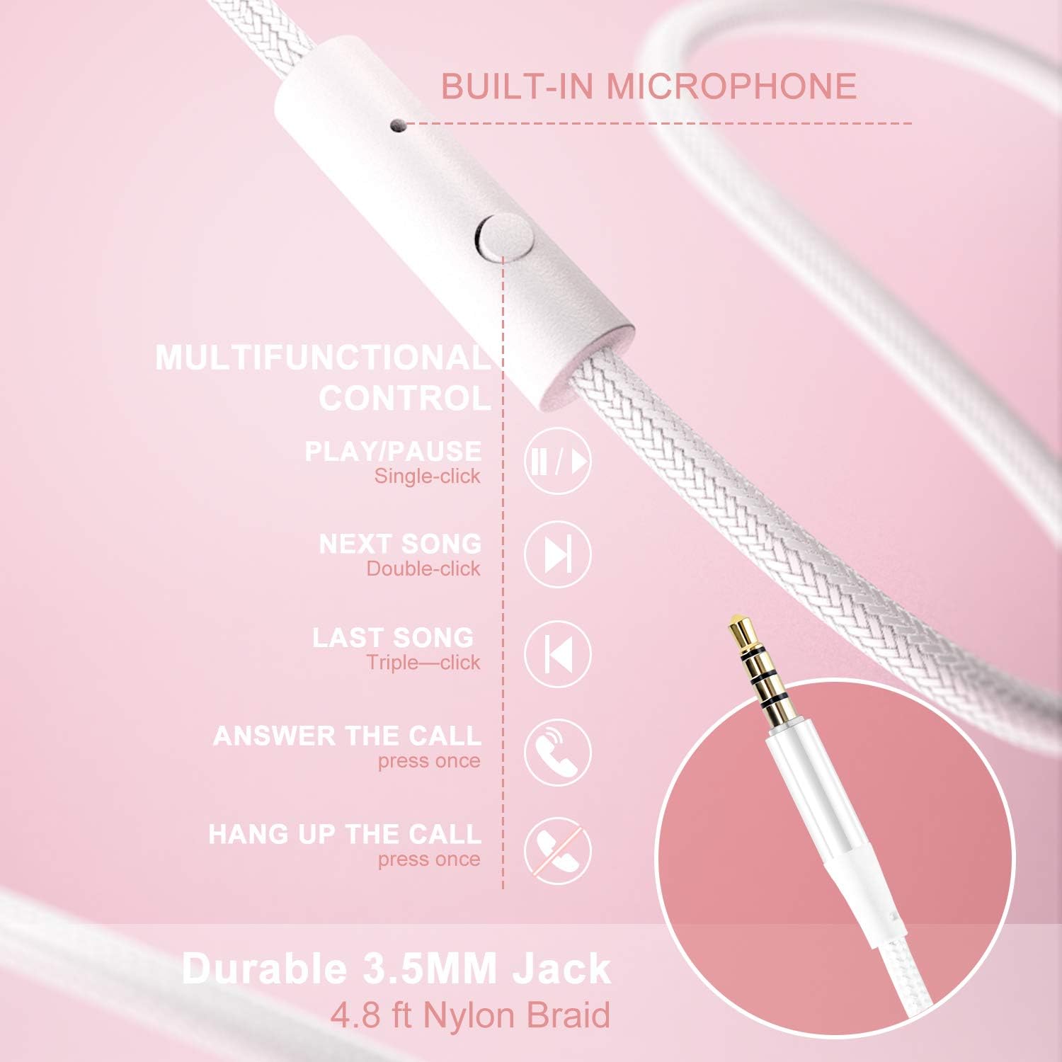 Wired Over Ear Headphones With Mic Stereo Bass 3.5mm Pink