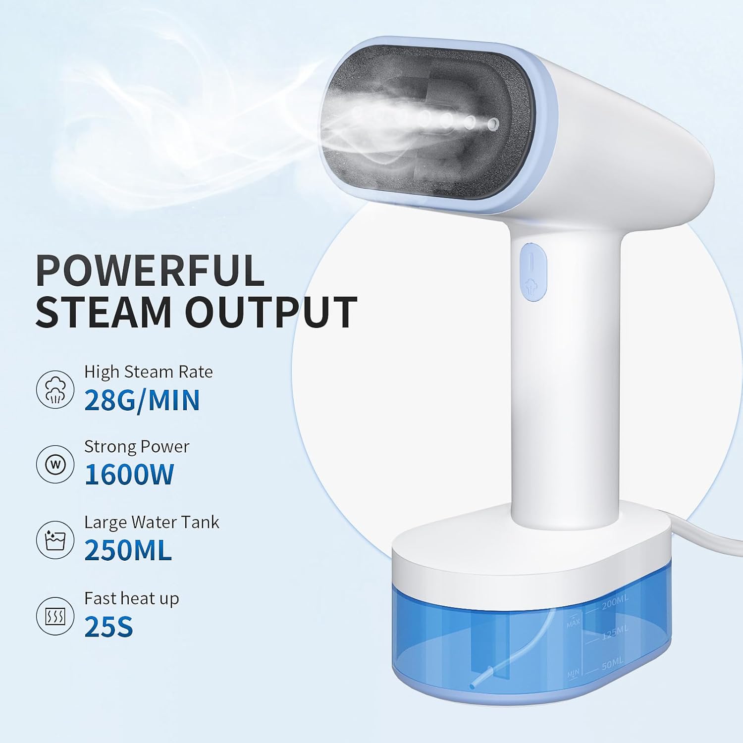 Handheld Garment Steamer 1600W Fast Heat 20s 250ml Travel Iron
