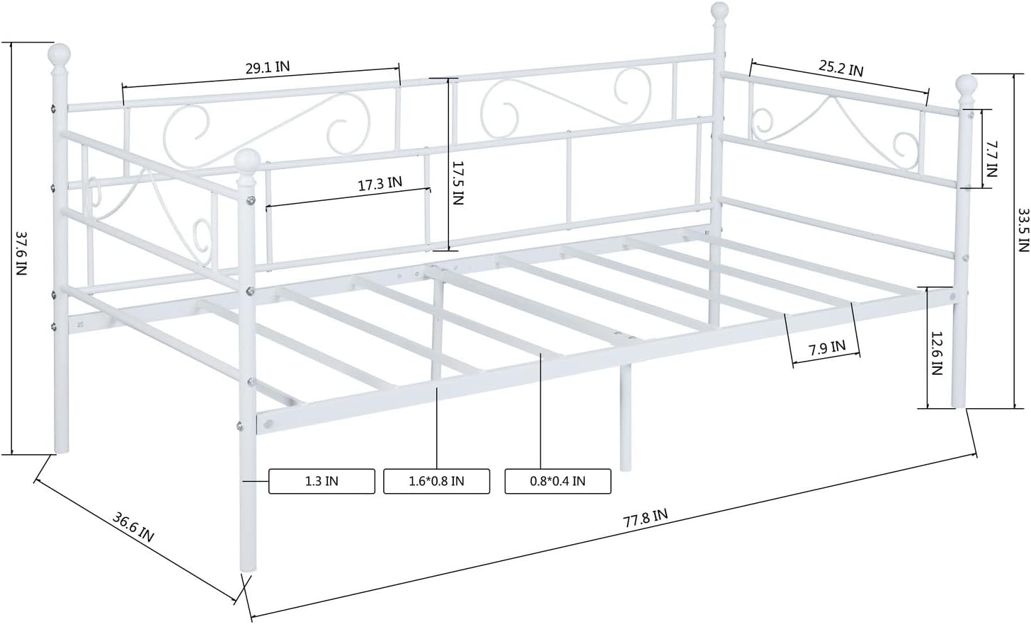 White Metal Daybed Single Sofa Bed Frame with Storage