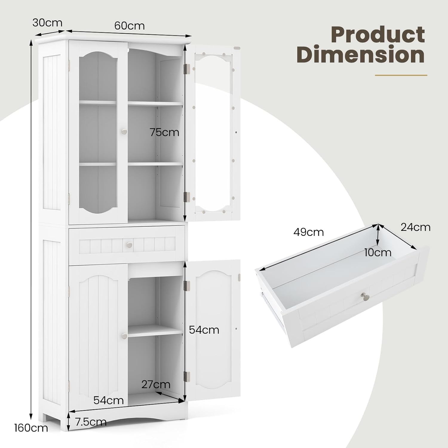Tall Bathroom Cabinet Glass Door Drawer Shelf Unit White