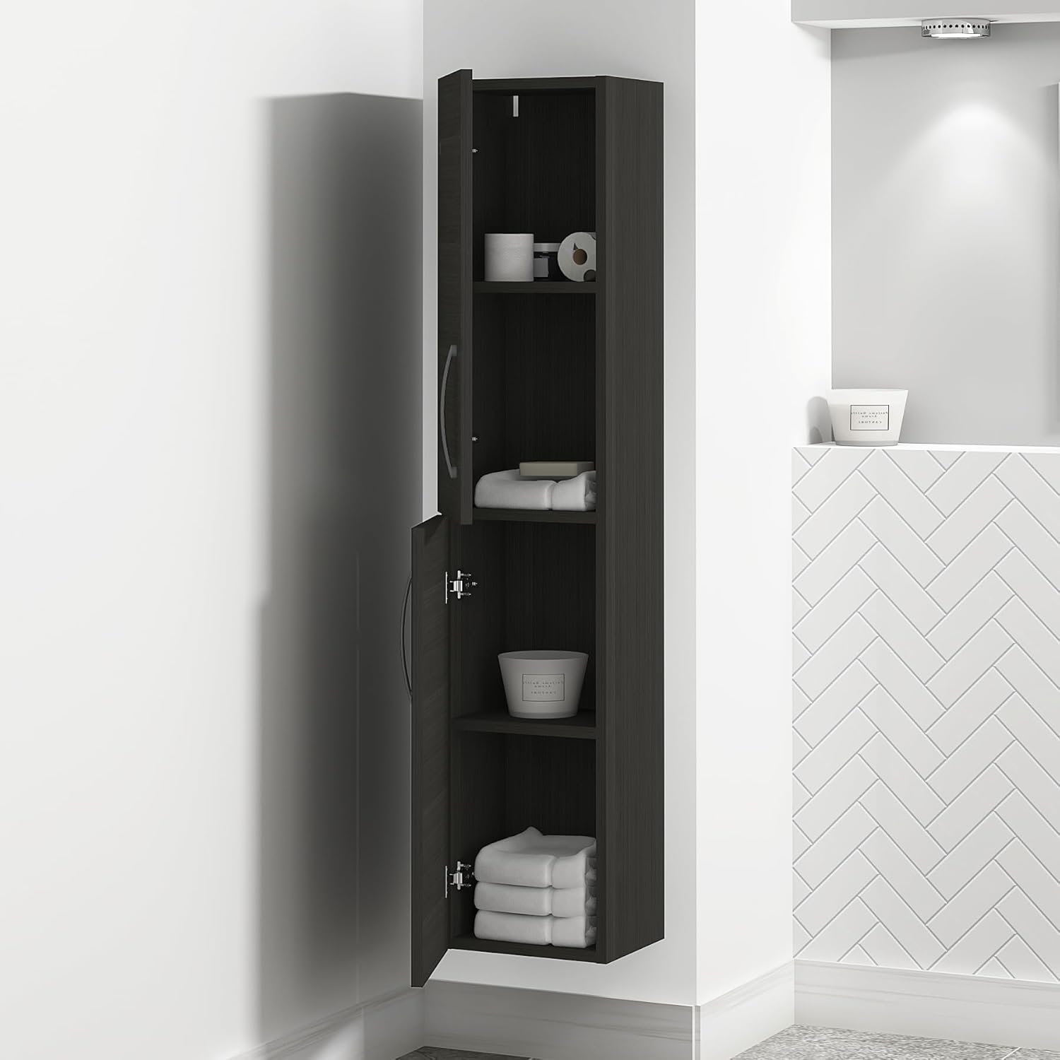 Matte Black Wall Hung Tall Bathroom Cabinet 2 Door Unit