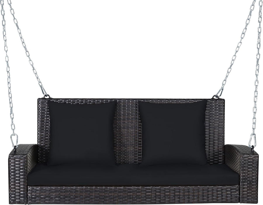 2 Person Rattan Swing Set Black Cushions A Frame Stand