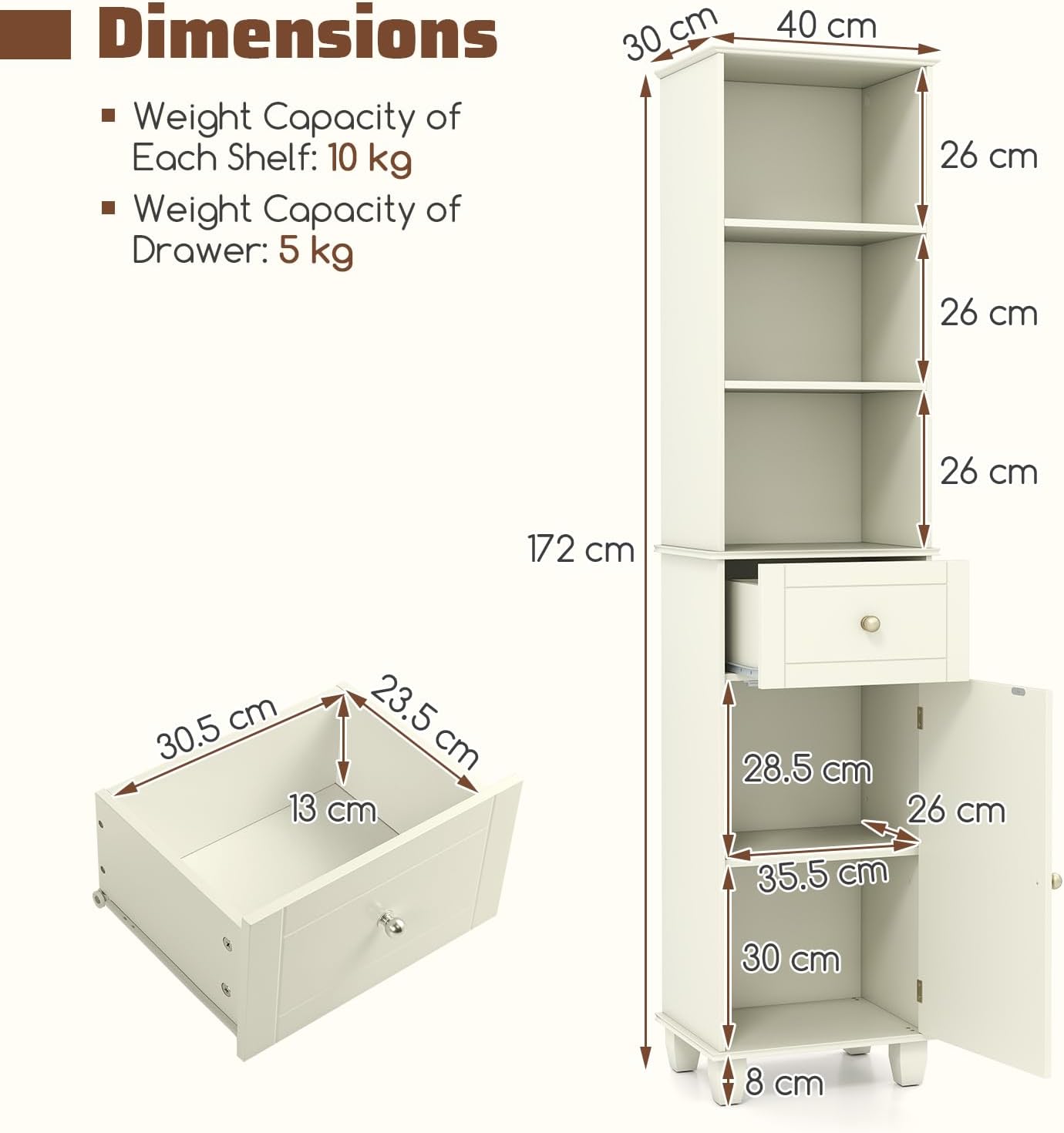 Tall Slim Storage Cabinet Beige Drawer Shelves Door Unit