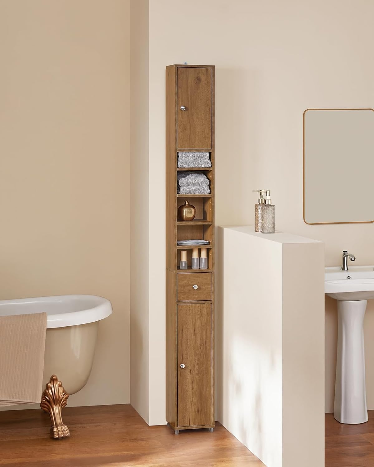 Slim Tall Bathroom Cabinet 20cm Dark Wood Drawer 180cm
