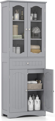 Grey Tallboy Bathroom Storage Unit Glass Door Drawer Cabinet Shelf