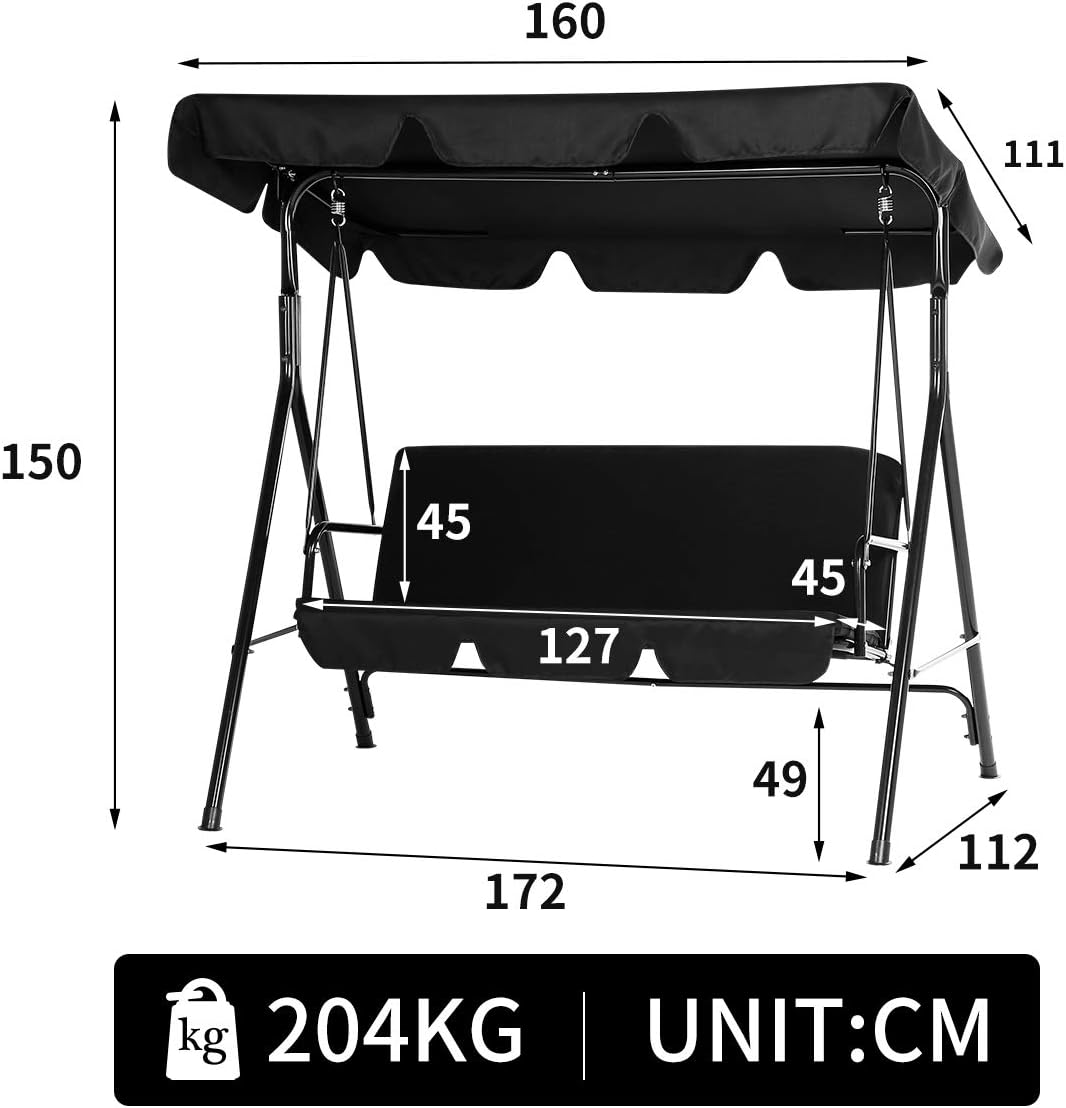 3 Seater Garden Swing Chair with Adjustable Canopy Black