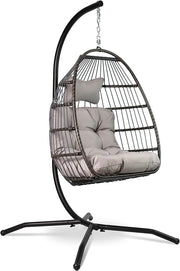 Foldable Hanging Egg Chair with Stand Cushion Light Grey