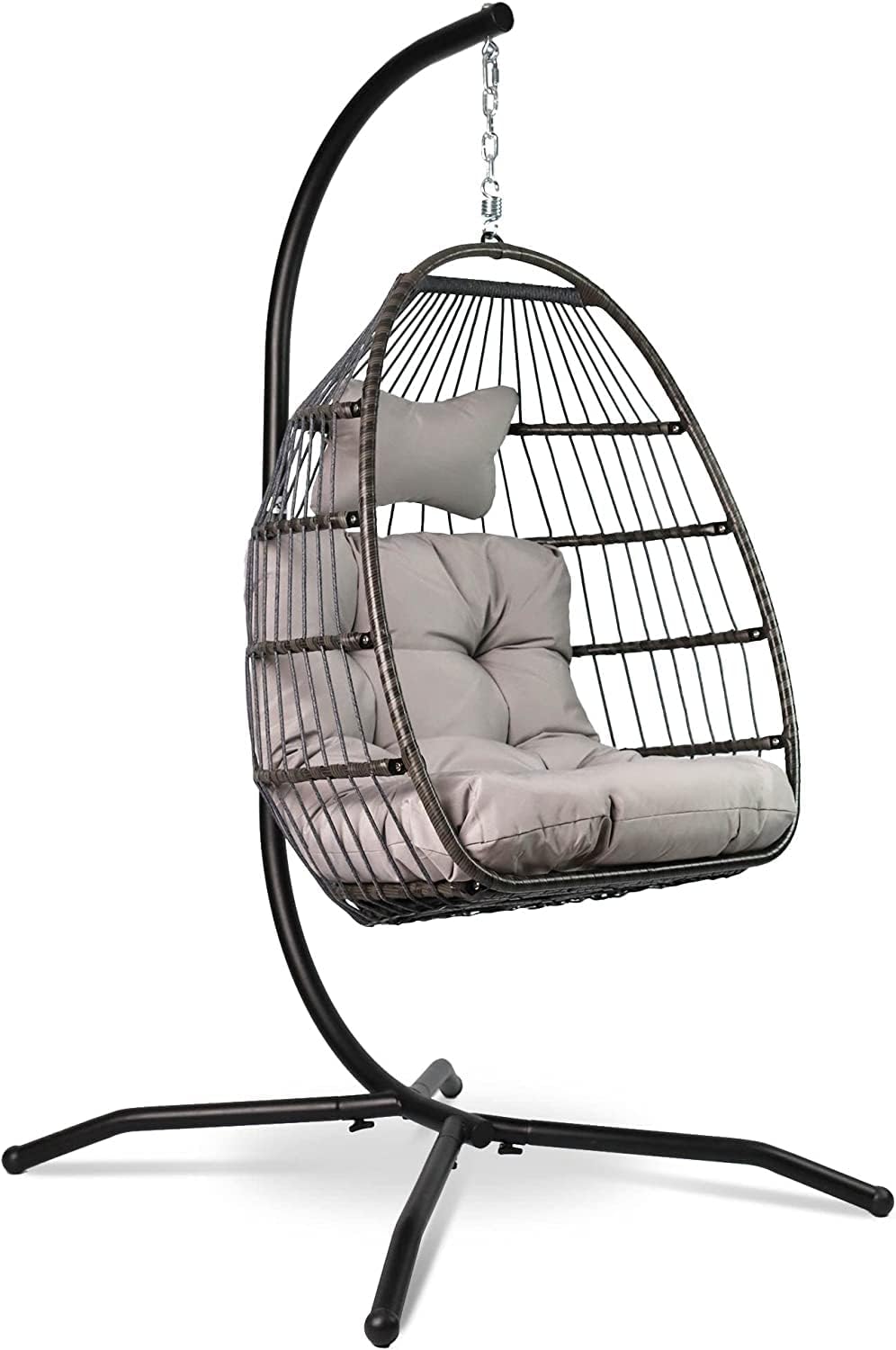 Foldable Hanging Egg Chair with Stand Cushion Light Grey