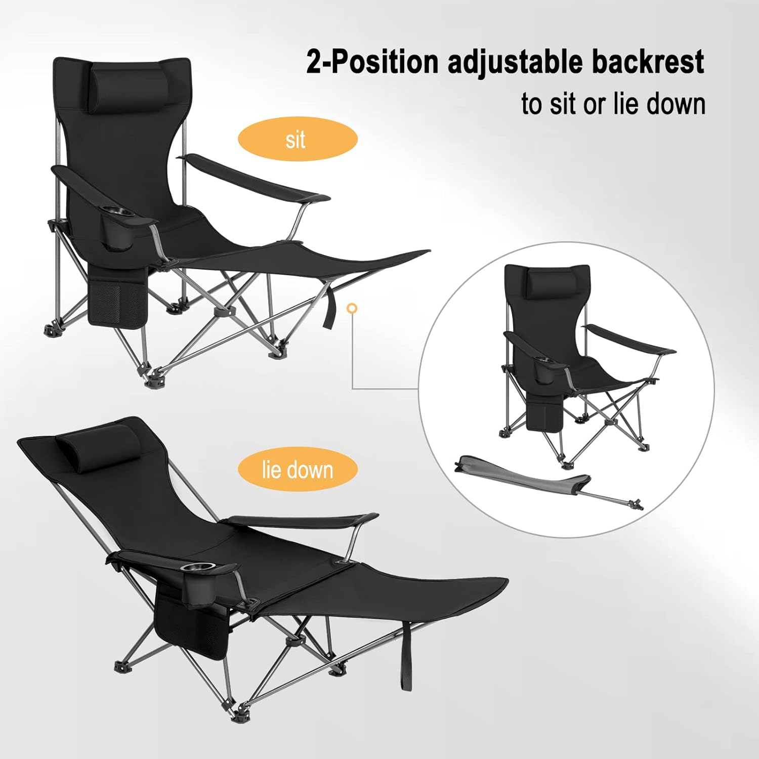 Reclining Camping Chair with Footrest Folding Seat Black