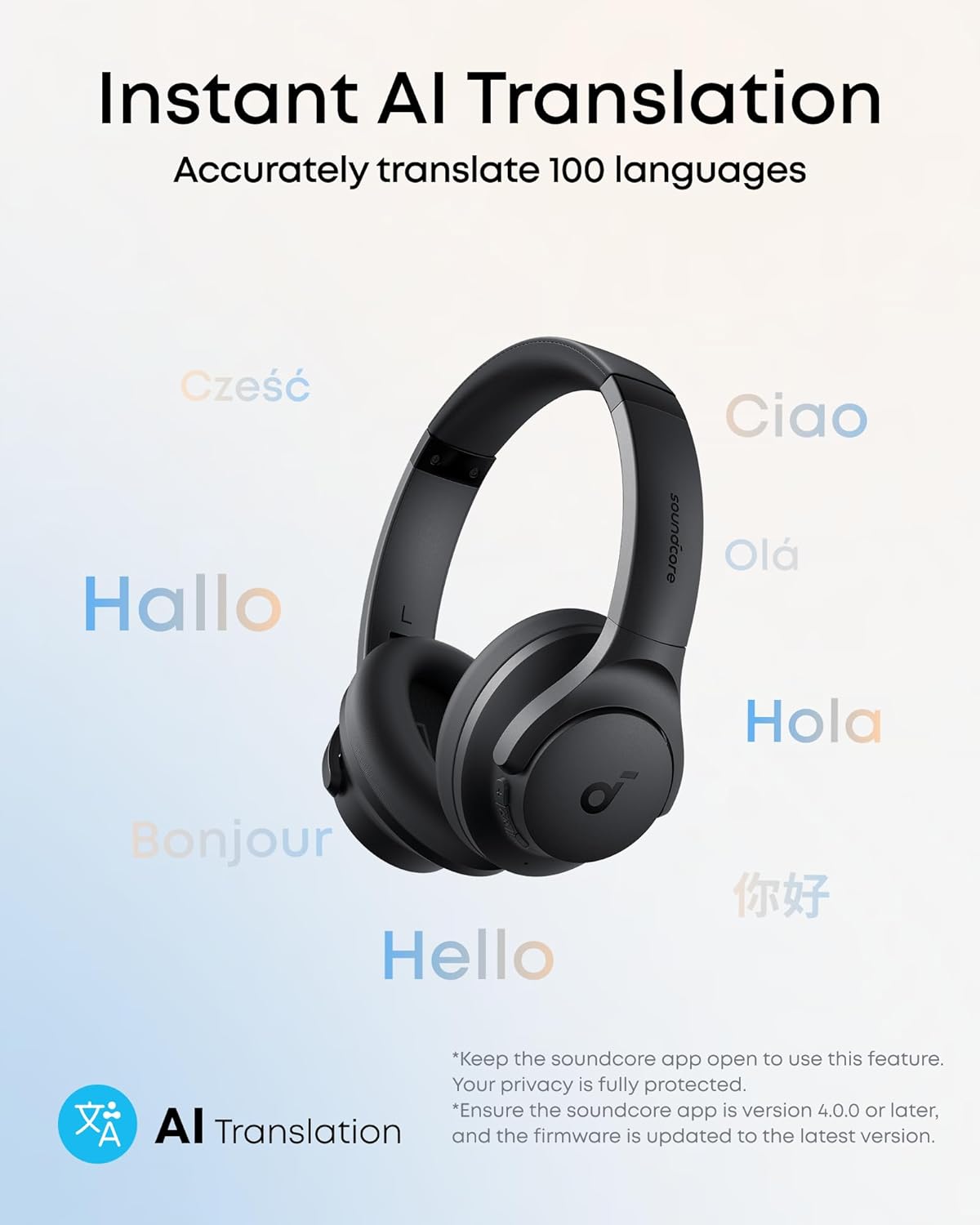Black ANC Bluetooth Over Ear Headphones 40H Playtime Hi Res