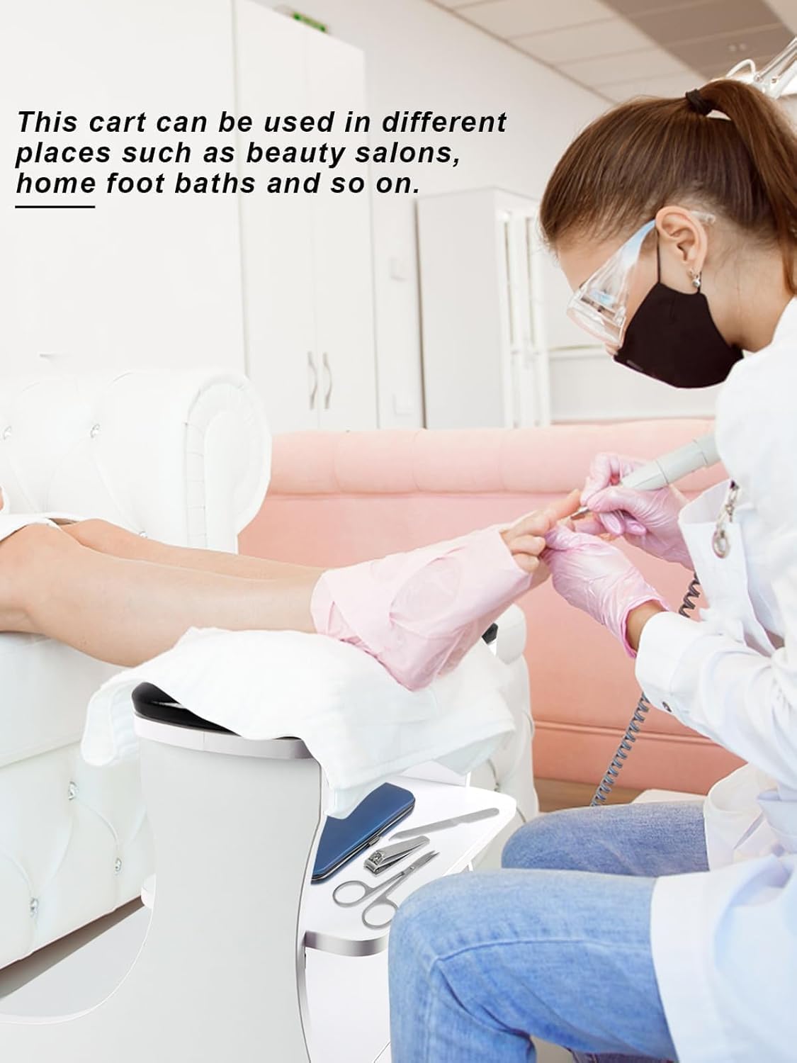 Mobile Pedicure Foot Rest Trolley PU Leather Nail Stool Storage
