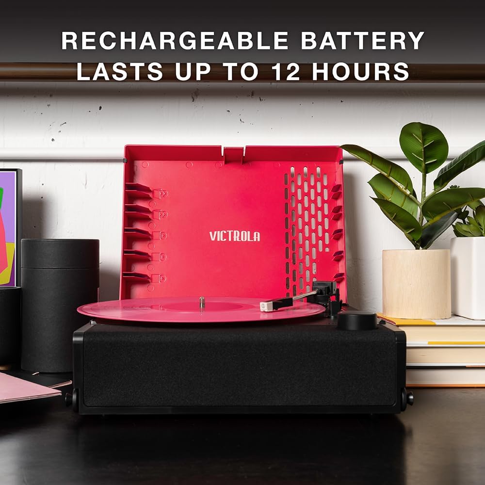 Pink Portable Bluetooth Record Player Rechargeable