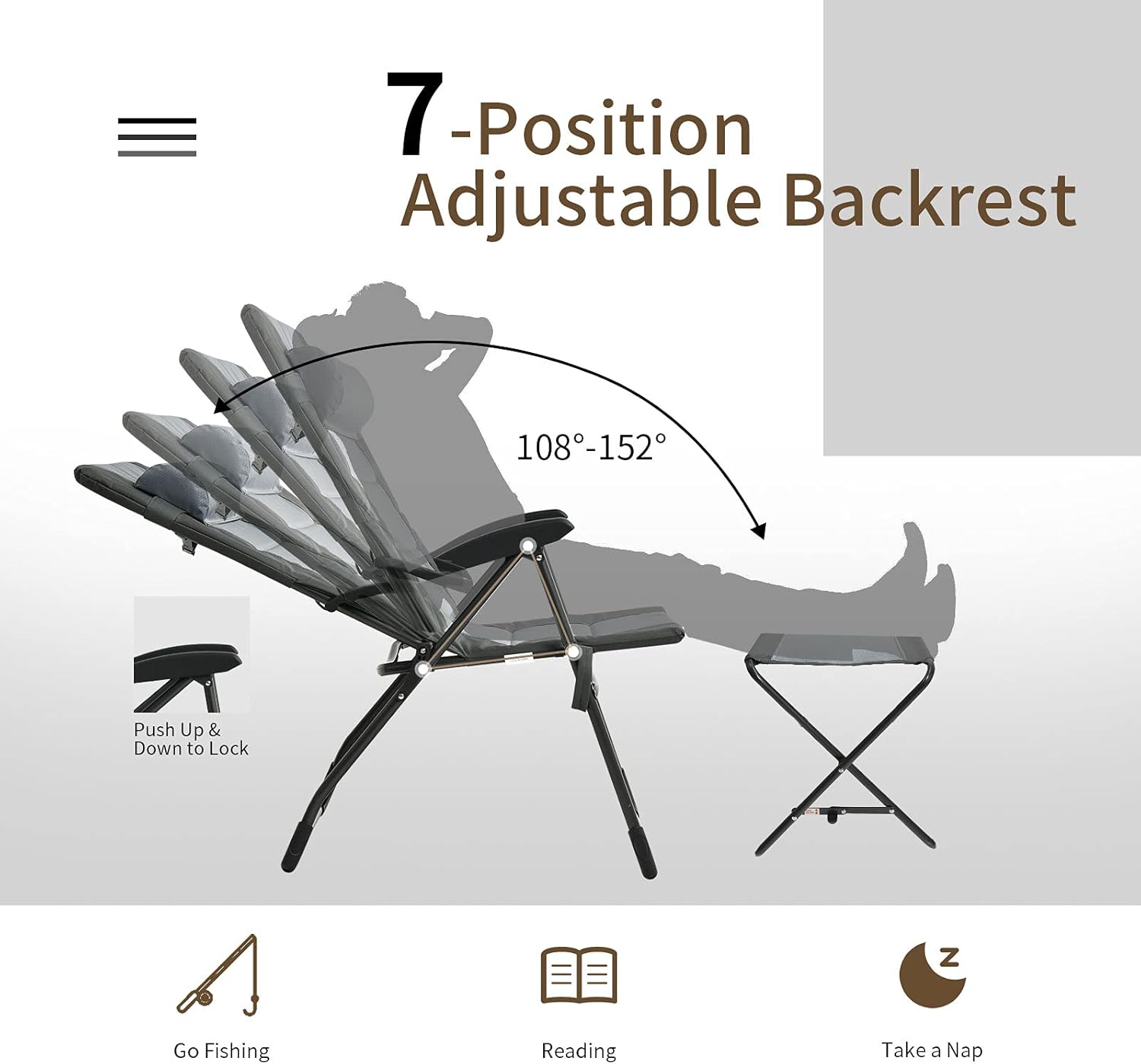 Set of 2 Reclining Camping Chairs with Footrests