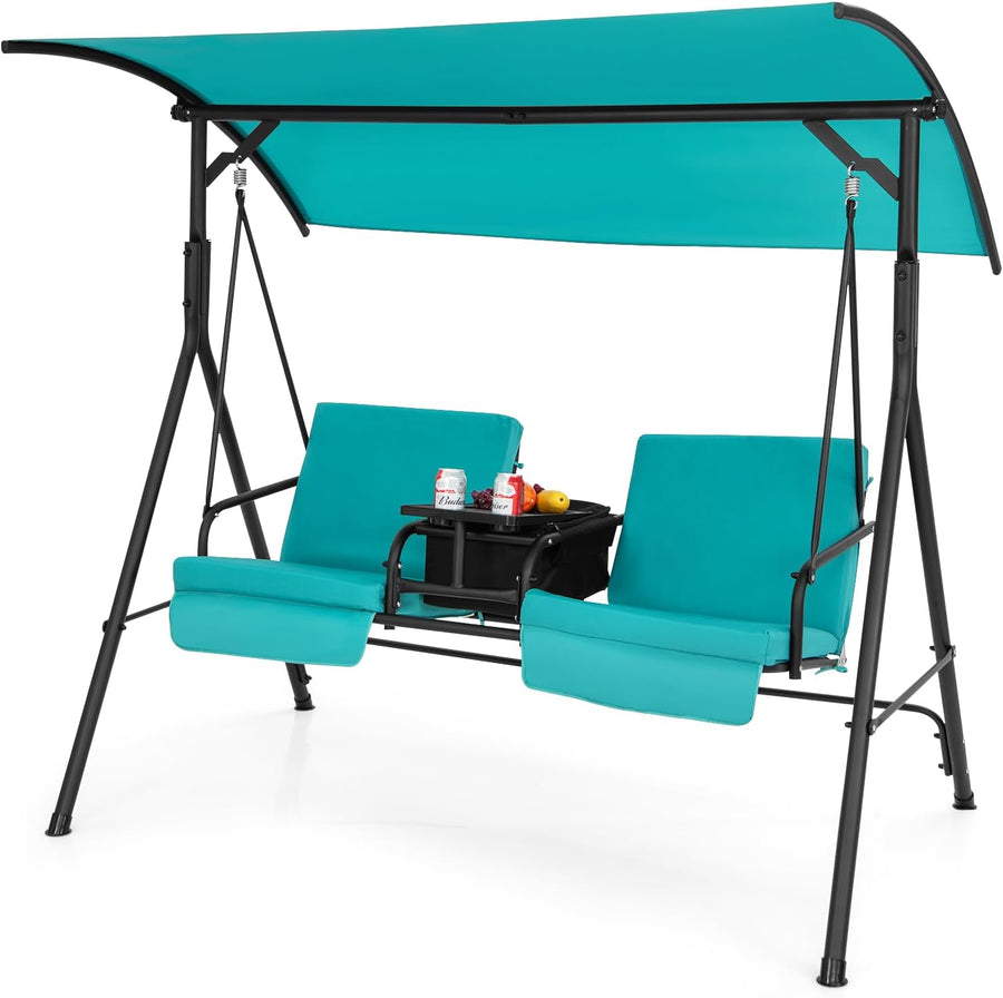 2 Person Garden Swing Chair Canopy Cooler Tray Turquoise